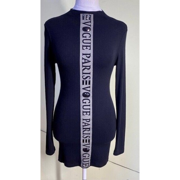 Miss Moi Womens Black Mock Neck Vogue Paris Embellished Rhinestone Tunic Blouse - Picture 1 of 10